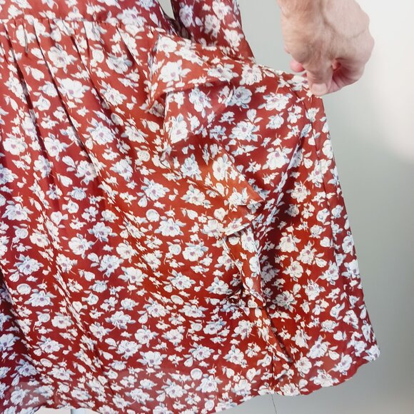 INA, NWT, Mini Dress, MED, Rust Floral Print Ruffle Accents 3/4 Sleeve Feminine - Picture 9 of 16